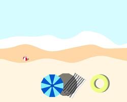 illustration of beach and sea with umbrella swim ring and ball no people in summer flat lay with copy space for poster background retail travel. eps10 vector