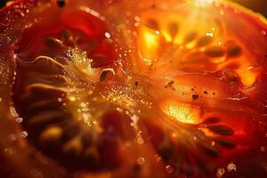 silueta de un tomate cortar en medio, retroiluminado con calentar luz, enfoque en semillas y pulpa foto
