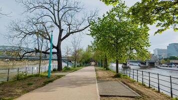 Tranquil riverside walkway with budding trees in early spring, ideal for urban tranquility themes and outdoor exercise in city settings photo