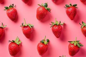 estilizado fresas arreglado en un geométrico patrón, moderno Arte estilo, negrita colores en rosado antecedentes foto