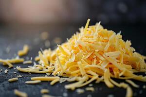 Shredded cheddar cheese on a smooth burgundy to black gradient background, rich and deep colors enhancing the visual photo