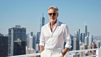 Mature caucasian man in stylish attire posing on a rooftop with an urban skyline backdrop, depicting concepts of success, fashion, and Fathers Day photo