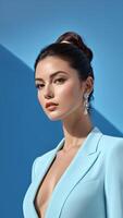 Elegant woman with sophisticated updo hairstyle and luxury earrings, wearing a pastel blue blazer, ideal for business events and fashion editorials photo