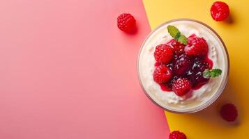 yogurt with jam for breakfast with ample copy space on vivid backdrop photo