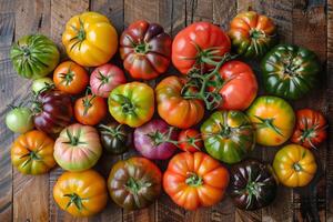 Overhead view of assorted heirloom tomatoes on a rustic wooden table, rich color variety photo