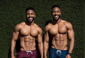 Identical twin African American men smiling with toned physiques in swim shorts against a lush green hedge, symbolizing health, fitness, and summer vibes photo