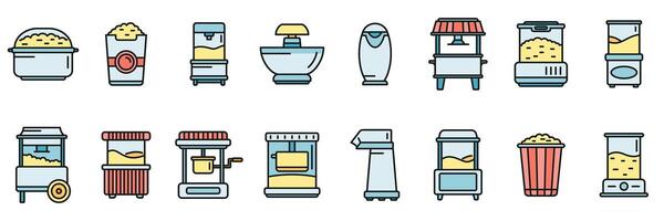 Popcorn maker machine icons set color line vector