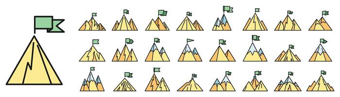 Flag on mountain icons set color line vector