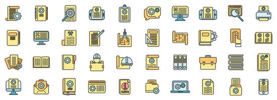 Technical document icons set color line vector