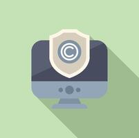 Secured computer screen copyright icon flat . Intellectual property vector