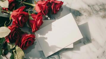 mockup of a white card beside red rose bouquet, soft pastel tones photo