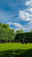 verde primavera parque con mullido nubes en azul cielo, vibrante verde césped, y moderno esculturas, ideal para tierra día y mundo ambiente día temas foto