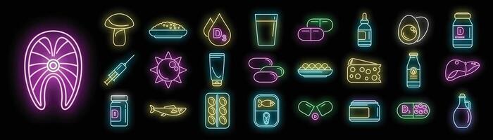 Vitamin D icons set neon vector