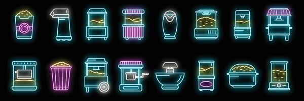 Popcorn maker machine icons set neon vector