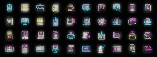 Technical document icons set neon vector
