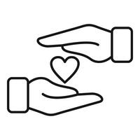 Hands care heart icon outline . Love support vector