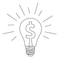 Glowing light bulb with dollar sign and rays, line art style, one line. Concept of idea, profit, income, commerce, sales. Hand drawing vector