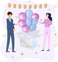 Expecting a child, boy or girl. Colorful pink and blue balls fly out of the box. vector