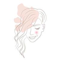 Female smiling beautiful face, with a flower in the background, contour drawing, hand drawing. For your decor, logo, poster, web or social network vector