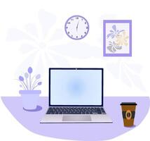 Concept of conferencing, learning, online communication with colleagues, friends, students at home or office. Remote work. Open laptop on the table. Flat illustration. . vector