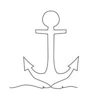 Anchor, sea wave. Manual drawing of one continuous line. vector