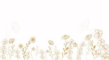 Luxury floral gold wallpaper. Elegant botanical pale pink wildflowers, grass decor background. vector