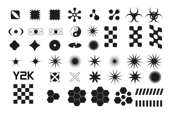 White set fill black geometric shapes y2k, 3d . for poster, banner