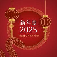 chino contento nuevo año 2025 modelo. dorado serpiente, rojo fondo, cuadrado bandera, póster y linterna. vector