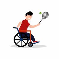 Cartoon illustration of a person using a wheelchair playing tennis. Para athlete Paralympic tennis. vector