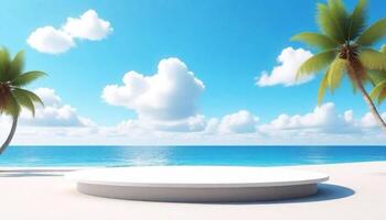 3D podium with copy space for product display presentation on beach with blue sky and white clouds abstract background. photo