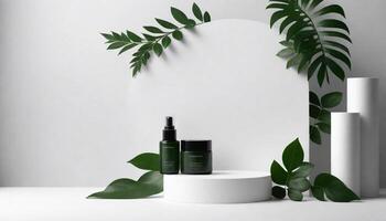 stone podium cosmetic product display platform background Minimal beauty skincare stand with plant leaves for luxury presentation backdrop photo
