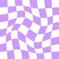 Distorted chessboard background in 2yk style. Visual chequered illusion. Dizzy psychedelic pattern with warped purple and white squares. Trippy checkerboard surface. vector