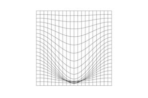 Distorted square grid. Mesh warped texture. Net with convex effect. Geometric deformation. Gravity phenomenon. Bented lattice surface isolated on white background. vector