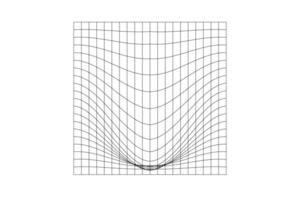 Distorted square grid. Mesh warped texture. Net with convex effect. Geometric deformation. Gravity phenomenon. Bented lattice surface isolated on white background. vector