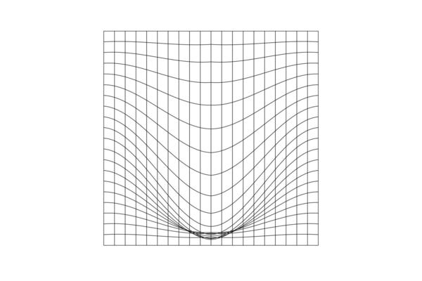 Distorted square grid. Mesh warped texture. Net with convex effect. Geometric deformation. Gravity phenomenon. Bented lattice surface isolated on white background.