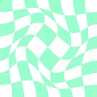 Distorted chessboard with vortex effect. Twisted checkered optical illusion. Psychedelic pattern with warped green and white squares. Dizzy checkerboard surface. vector