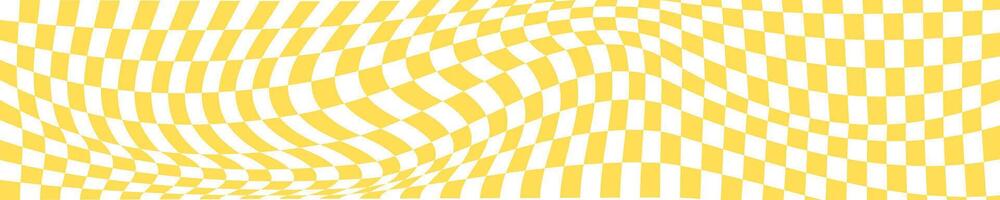 Checkered white and orange chessboard background with distortion. Psychedelic pattern with warped squares. Optical illusion effect. Trippy checker board texture. vector