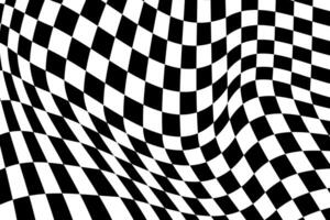 Psychedelic pattern with warped black and white squares. Distorted race flag texture. Checkered optical illusion. Wavy chess board background. Trippy checkerboard surface. vector