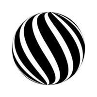Spherical shape with twisted black and white stripes. 3D sphere model. Modern ball with vortex pattern isolated on white background. Globe figure. vector