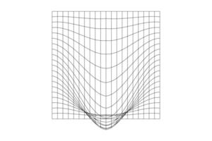 Distorted outline square grid. Warped mesh texture. Futuristic net with convex effect. Geometric deformation. Gravity phenomenon. Bented lattice surface. vector