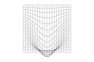 Distorted outline square grid. Warped mesh texture. Futuristic net with convex effect. Geometric deformation. Gravity phenomenon. Bented lattice surface. vector