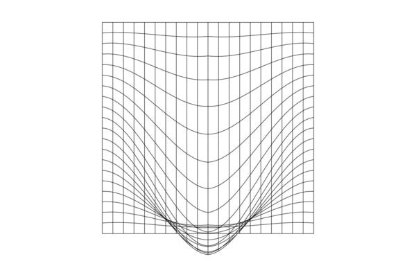 Distorted outline square grid. Warped mesh texture. Futuristic net with convex effect. Geometric deformation. Gravity phenomenon. Bented lattice surface.