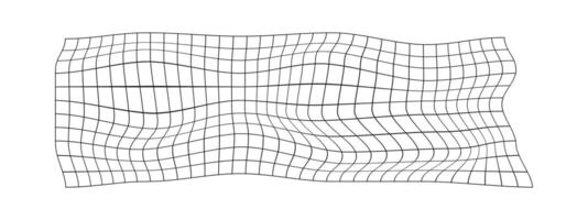 Distorted grid texture. Warped mesh surface. Horizontal net with curvatured effect. Checkered pattern deformation. Black bented lattice isolated on white background vector