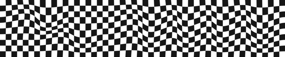 Distorted chessboard background. Dizzy checkered visual illusion. Psychedelic pattern with warped black and white squares. Race flag texture. Trippy checkerboard surface. vector