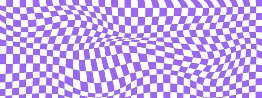 a cuadros óptico espejismo. distorsionado tablero de ajedrez con púrpura y blanco cuadrícula. psicodélico modelo. deformado tablero de damas textura. trippy antecedentes. vector