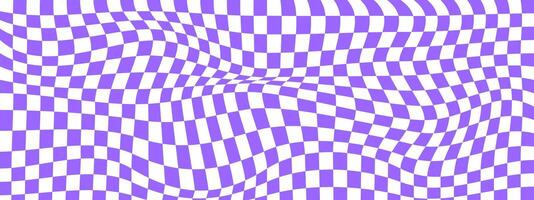 Checkered optical illusion. Distorted chessboard with purple and white squares. Psychedelic pattern. Warped checkerboard texture. Trippy background. vector