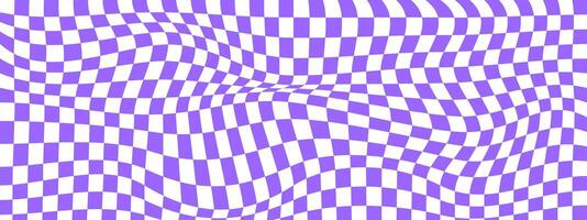 Checkered optical illusion. Distorted chessboard with purple and white squares. Psychedelic pattern. Warped checkerboard texture. Trippy background. vector