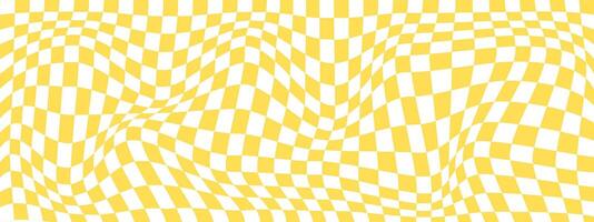 Psychedelic pattern with warped orange and white squares. Trippy checkerboard texture. Distorted chess board background. Checkered optical illusion. vector