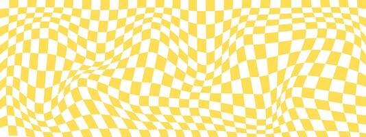 Psychedelic pattern with warped orange and white squares. Trippy checkerboard texture. Distorted chess board background. Checkered optical illusion. vector