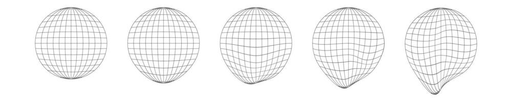 proceso de globo derritiendo. conjunto de desinflado esfera iconos distorsionado wireframes de tierra planeta aislado en blanco antecedentes. clima cambiando concepto. ecológico problema. vector